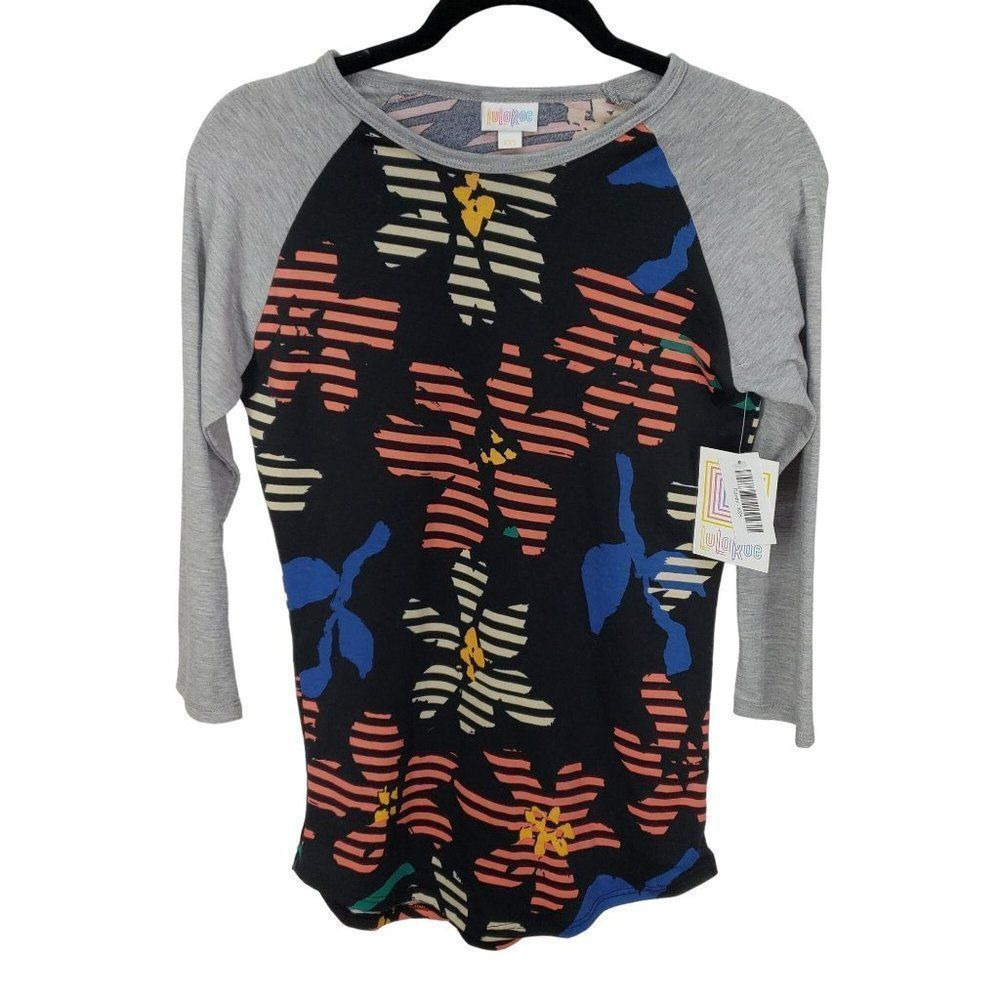 Lularoe Randy Black Floral Gray 3/4 Sleeve Women's‎ Size XXS Raglan Style Shirt
